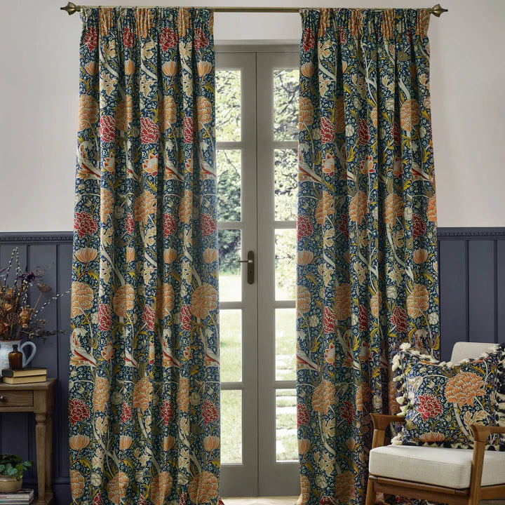 Morris & Co Cray Floral Velvet Pencil Pleat Curtains Indigo/Berry