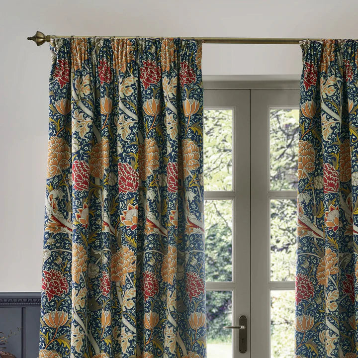 Morris & Co Cray Floral Velvet Pencil Pleat Curtains Indigo/Berry