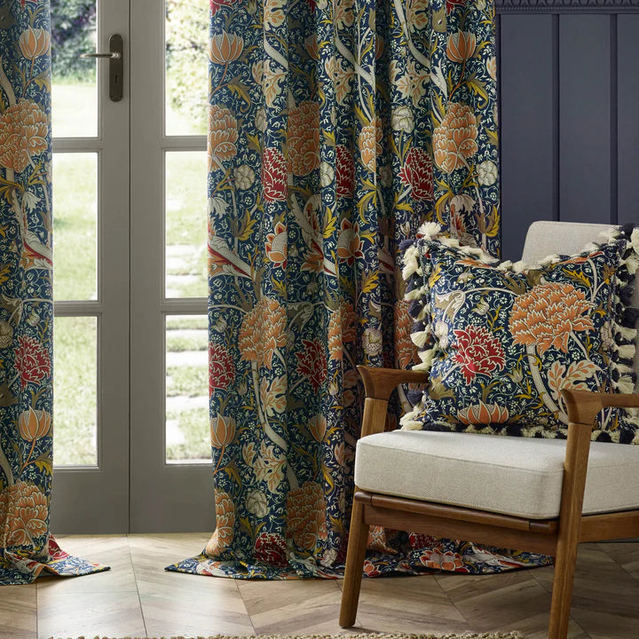 Morris & Co Cray Floral Velvet Pencil Pleat Curtains Indigo/Berry