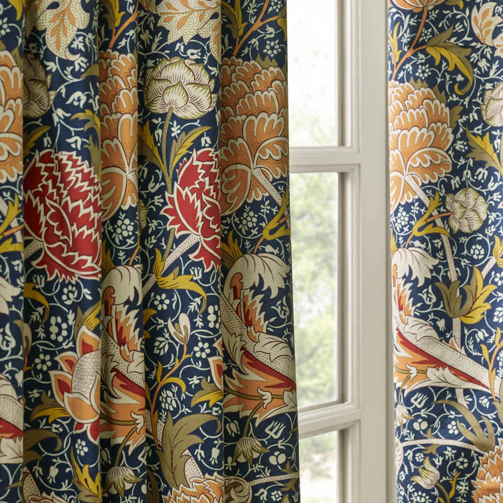 Morris & Co Cray Floral Velvet Pencil Pleat Curtains Indigo/Berry