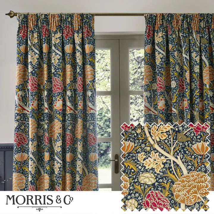 Morris & Co Cray Floral Velvet Pencil Pleat Curtains Indigo/Berry